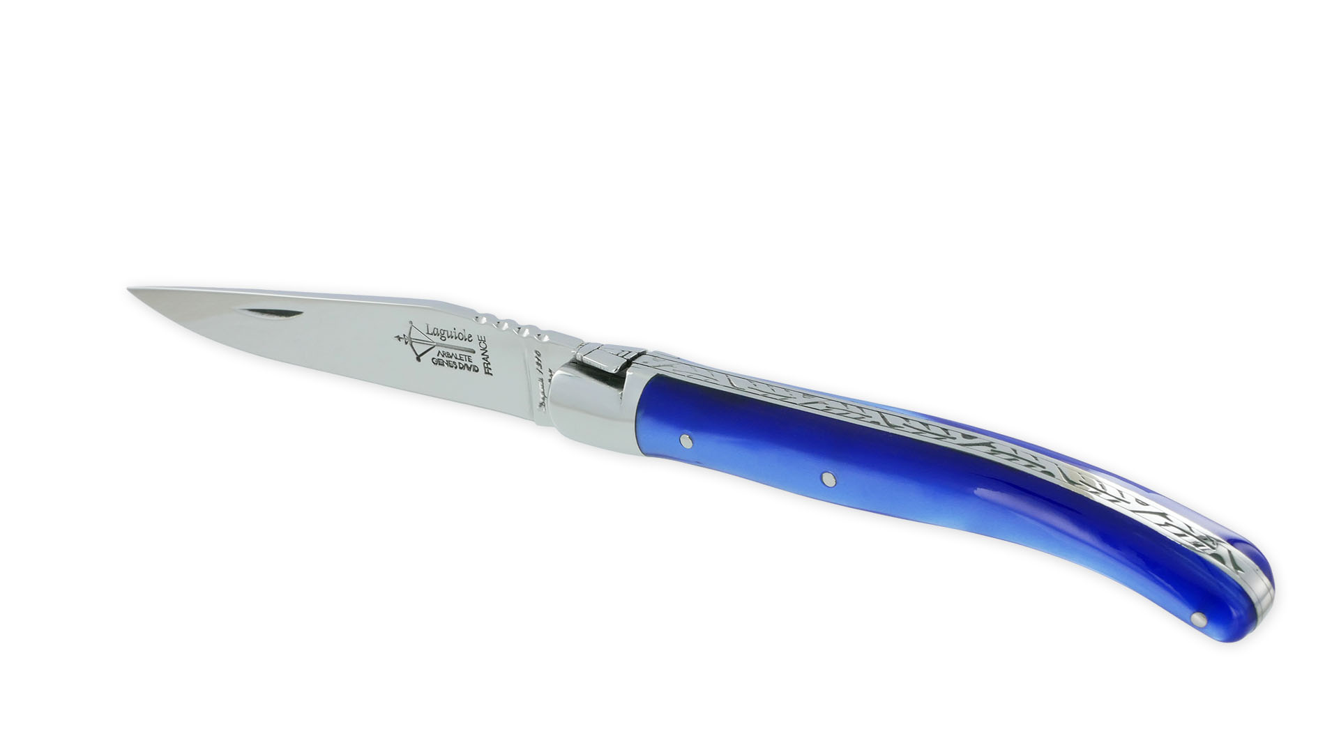 Couteau Laguiole Arbalète Manche en Acrylique Bleu Nacré 1 Pièce 1 Mitre en Inox Brillant 11cm – Image 3
