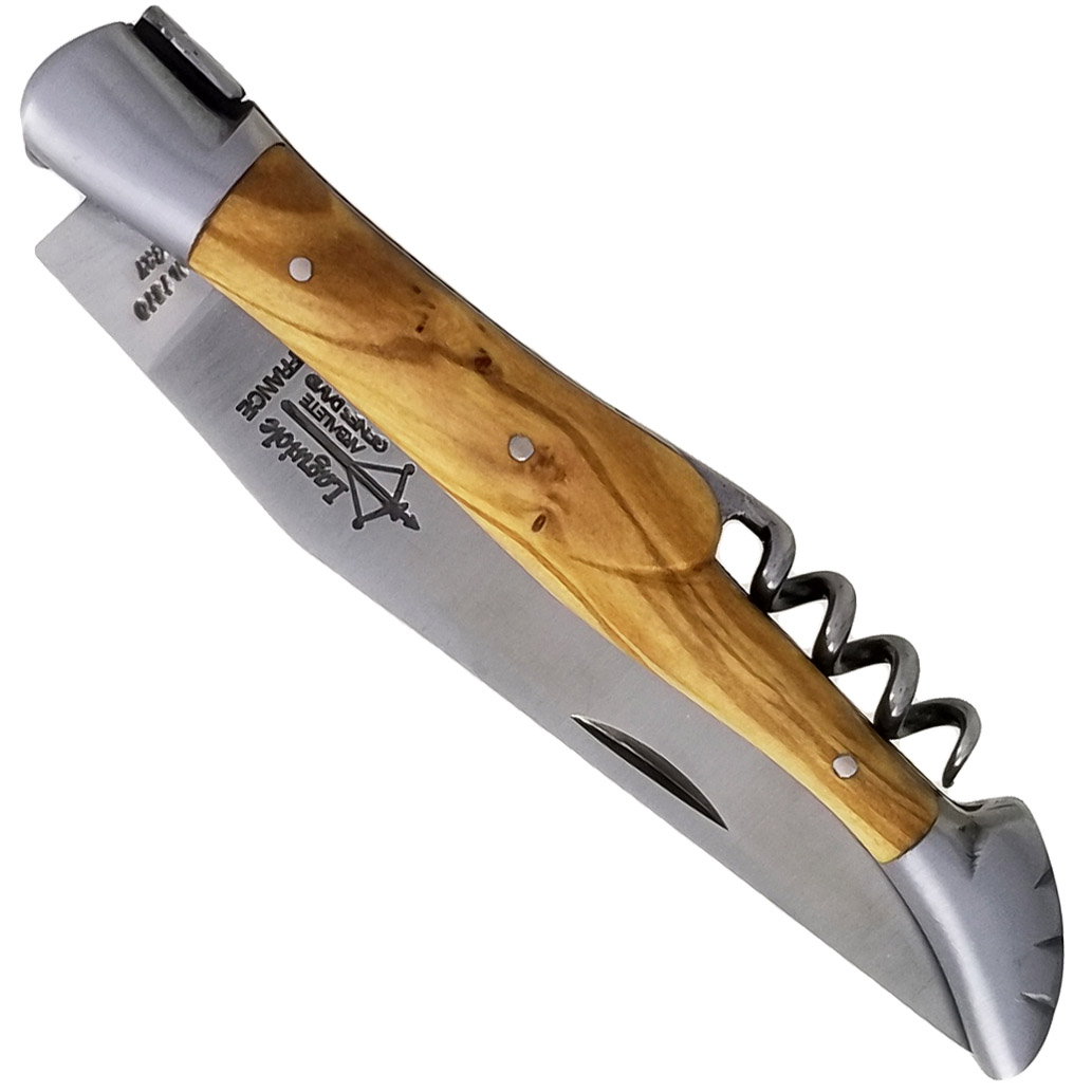 Couteau Laguiole d’Antan 2 Pièces Manche en Olivier avec Tire Bouchon 2 Mitres Inox Brossé 12cm