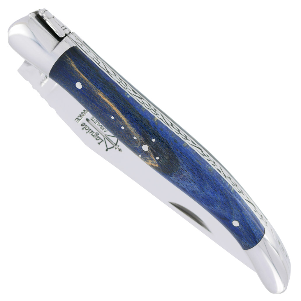 Couteau Laguiole Arbalète Manche Hêtre Stabilisé Teinté Bleu 2 Mitres Inox Brillant 1 Pièce 12cm