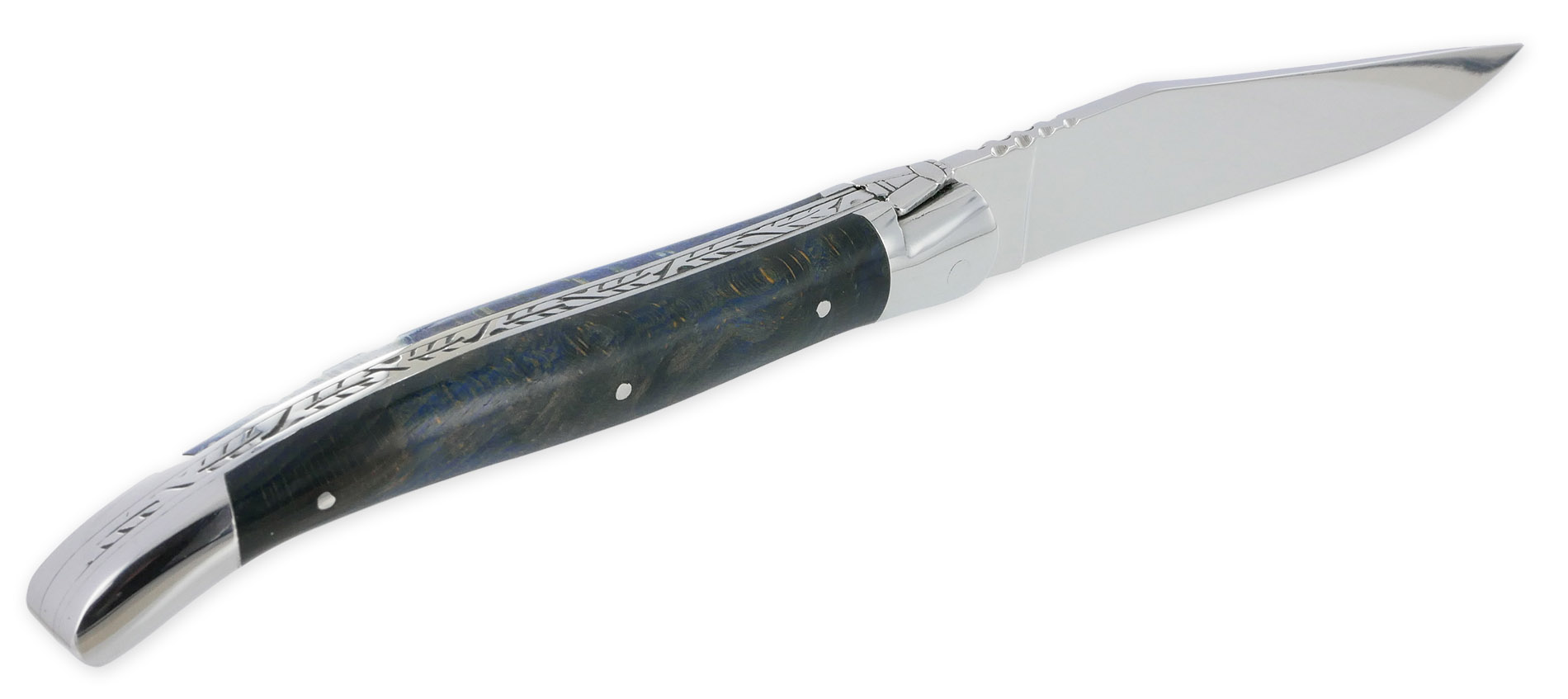 Couteau Laguiole Arbalète Manche Hêtre Stabilisé Teinté Bleu 2 Mitres Inox Brillant 1 Pièce 12cm – Image 4