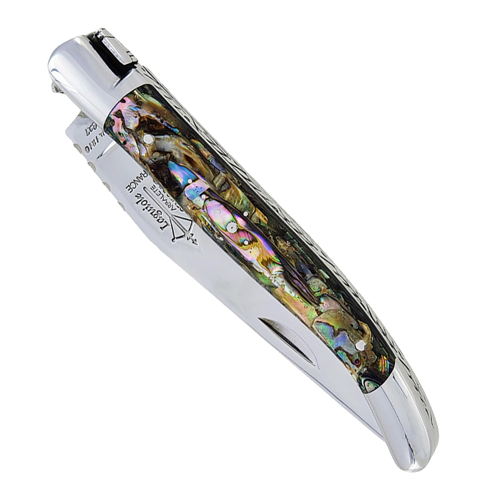 Couteau Laguiole Arbalète Manche en Nacre d’Abalone 1 Pièce 2 Mitres Inox Brillant 11cm