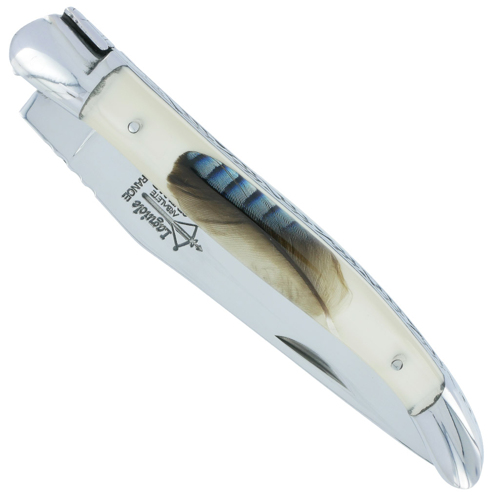 Couteau Laguiole Arbalète Manche en Résine Acrylique incrustation plume de Geai Ressort Guilloché 1 Pièce 2 Mitres Finition Brillante 12cm