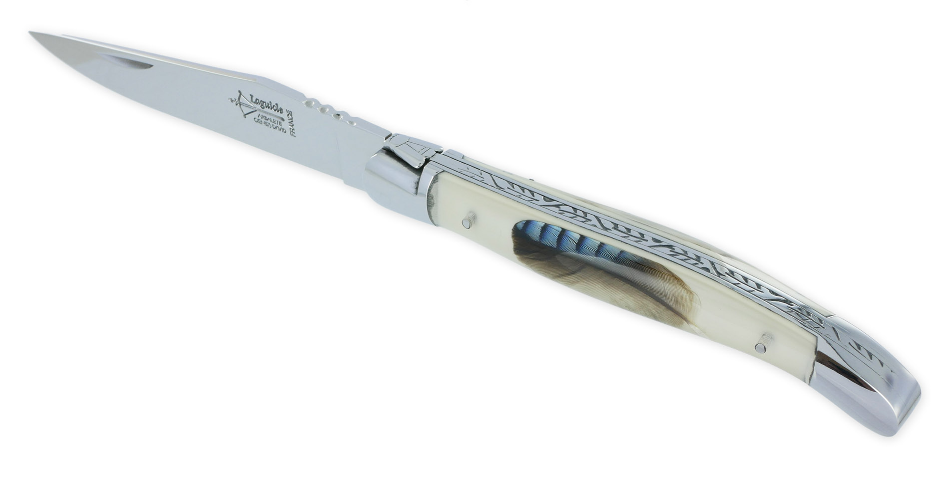 Couteau Laguiole Arbalète Manche en Résine Acrylique incrustation plume de Geai Ressort Guilloché 1 Pièce 2 Mitres Finition Brillante 12cm – Image 3