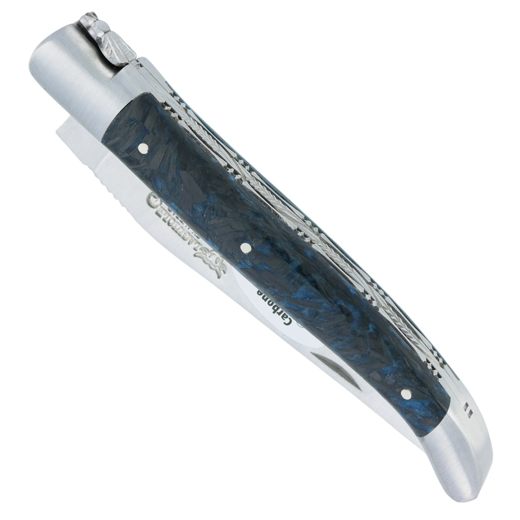 Couteau Laguiole en Aubrac 1 Pièce 12 cm Double Platines Carbone Pailleté Bleu Nacré 2 Mitres Inox Brossé Lame Inox Brossé Num4