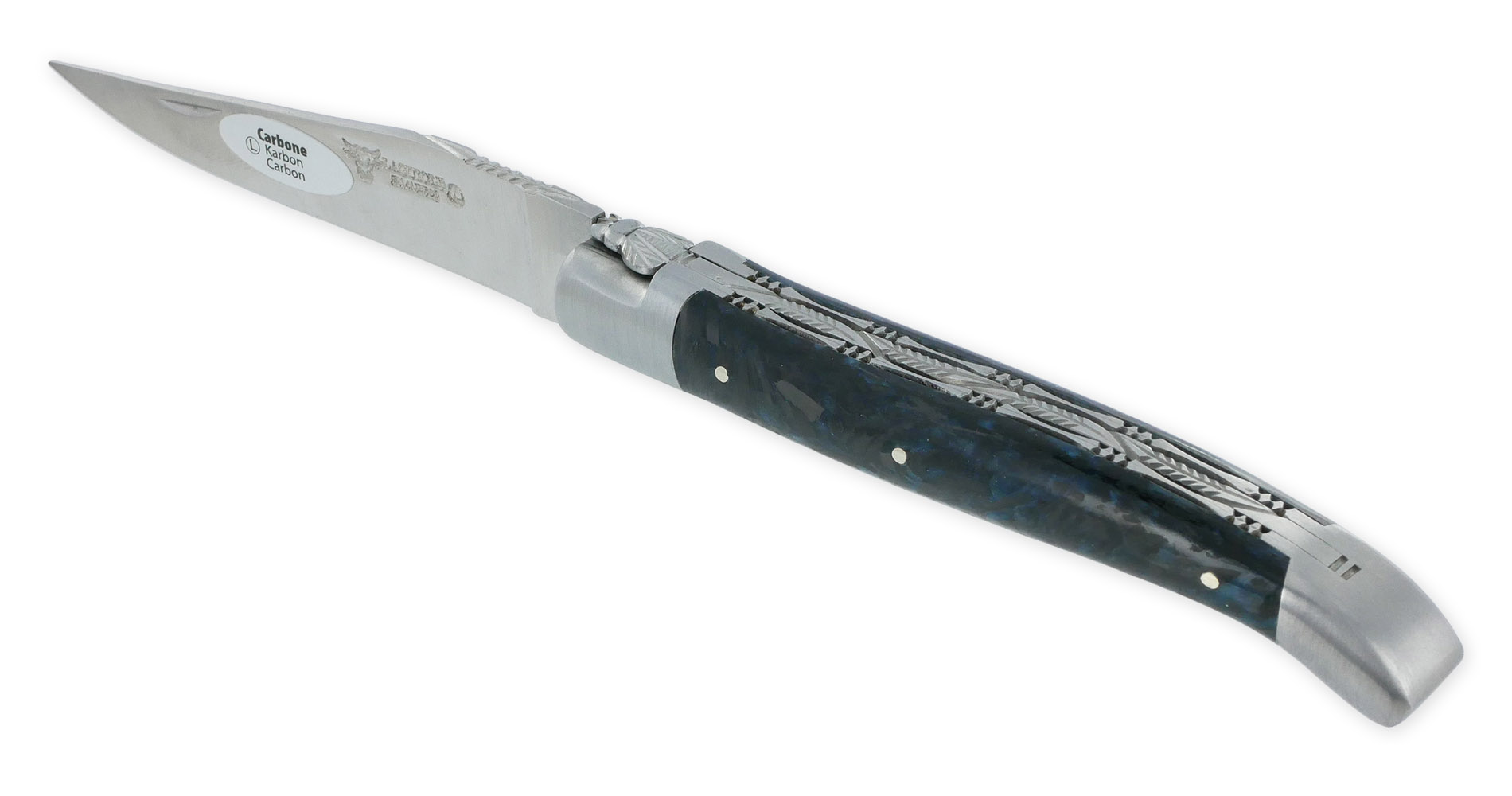 Couteau Laguiole en Aubrac 1 Pièce 12 cm Double Platines Carbone Pailleté Bleu Nacré 2 Mitres Inox Brossé Lame Inox Brossé Num4 – Image 2