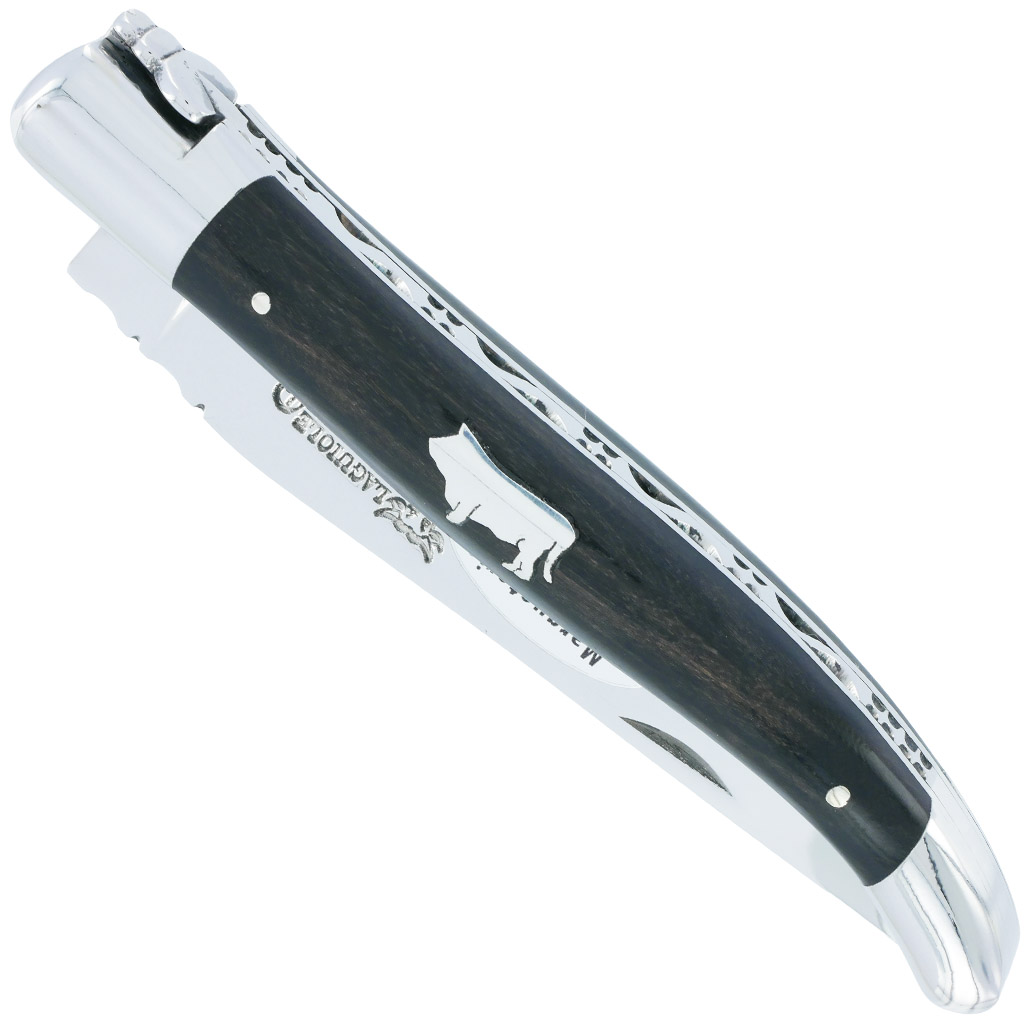 Couteau Laguiole en Aubrac 1 Pièce 12 cm Manche Ebène Marqueterie Taureau Etain 2 Mitres Inox Brillant