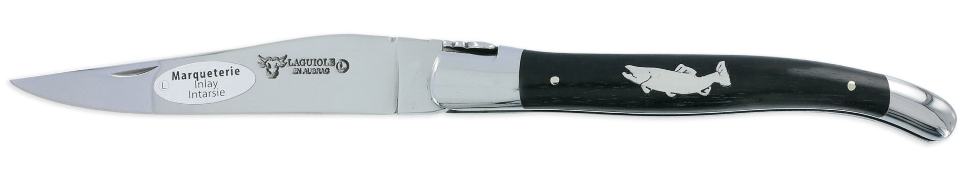 Couteau Laguiole en Aubrac 1 Pièce 12 cm Manche Ebène Marqueterie Truite en Etain 2 Mitres Inox Brillant – Image 2