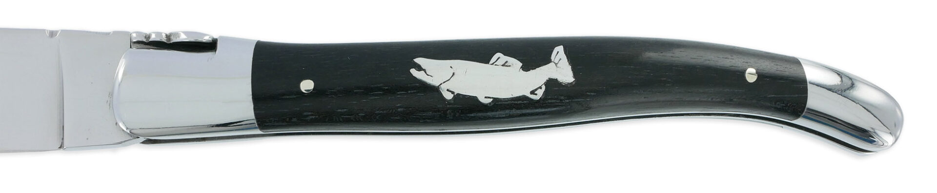 Couteau Laguiole en Aubrac 1 Pièce 12 cm Manche Ebène Marqueterie Truite en Etain 2 Mitres Inox Brillant – Image 4