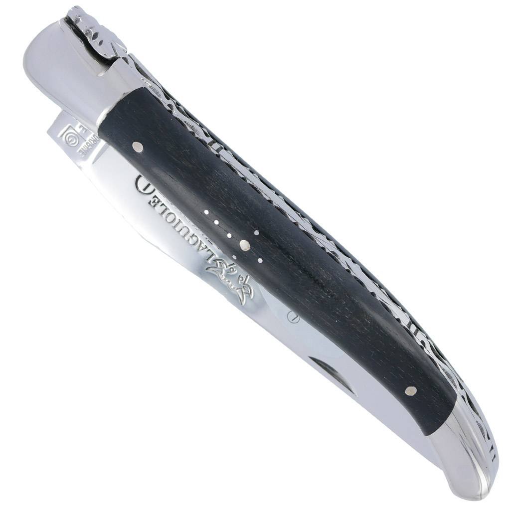 Couteau Laguiole en Aubrac 1 pièce 12cm Ebène 2 Mitres Inox Brillant Platines et Ressort Guillochés Finition Brillante
