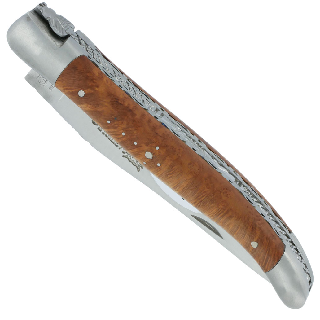 Couteau Laguiole en Aubrac 1 pièce 12cm Manche Bruyère 2 Mitres Double Platines Num1