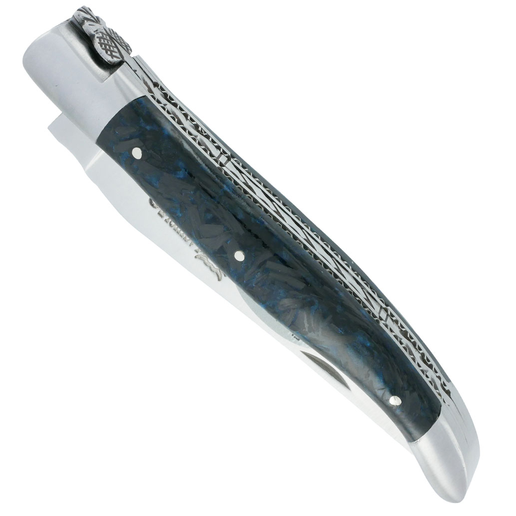 Couteau Laguiole en Aubrac 1 Pièce 12 cm Double Platines Carbone Pailleté Bleu Nacré 2 Mitres Inox Brossé Lame Inox Brossé Num5