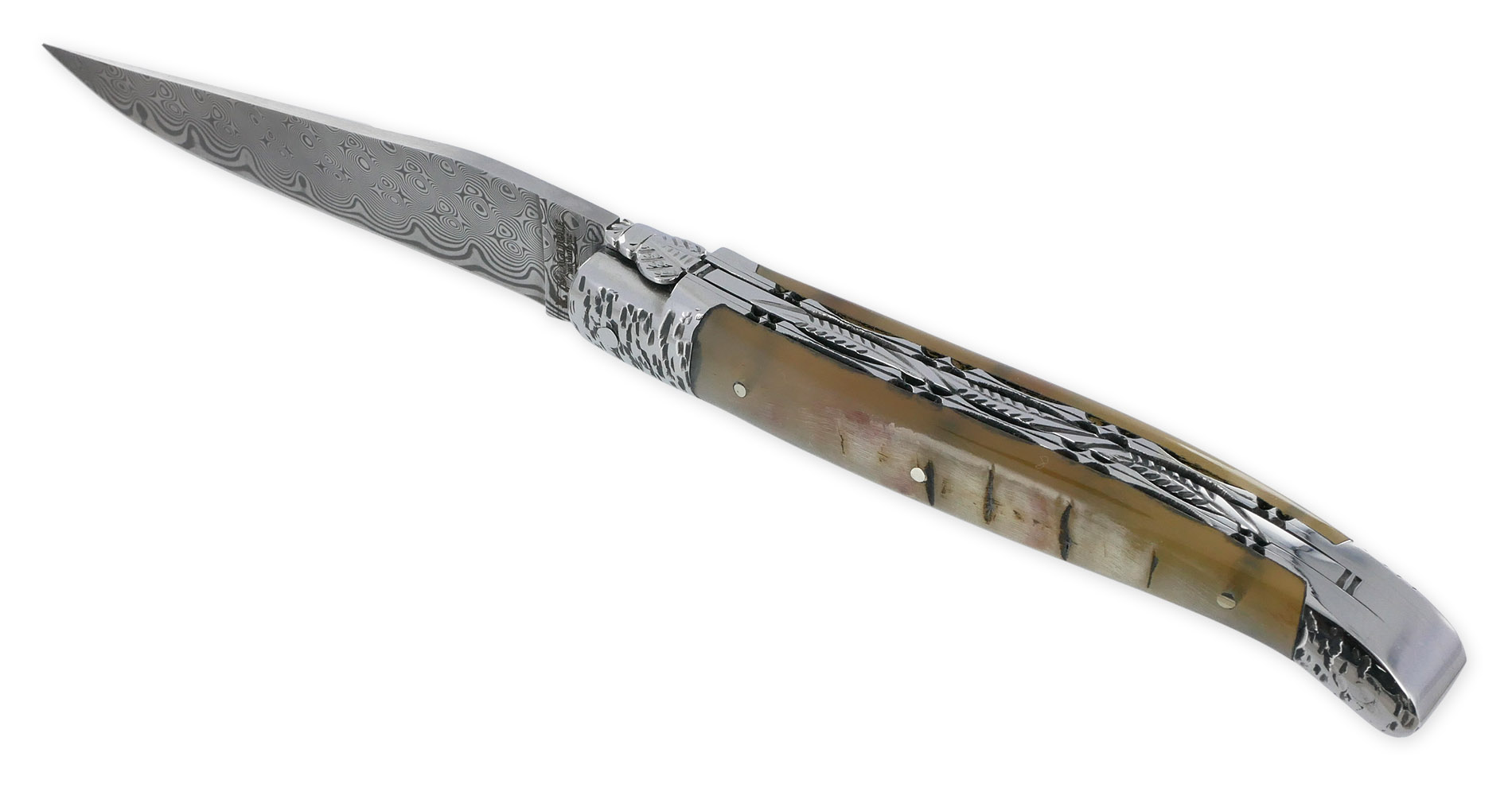 Couteau Laguiole en Aubrac 1 pièce 12cm Double Platines et Ressort Guillochés à la main Manche en Croute de Bélier 2 Mitres Martelées Inox Brillant Lame Damas – Image 2