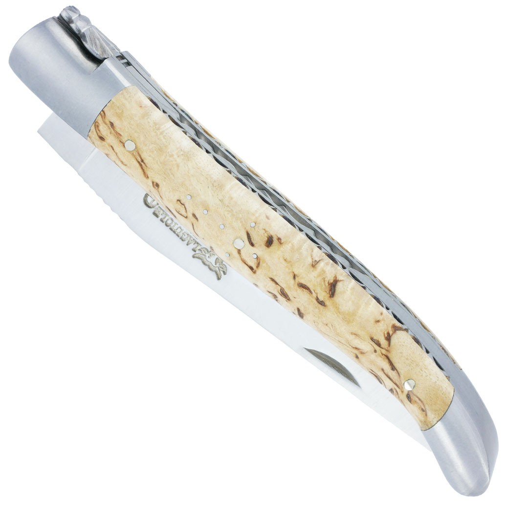 Couteau Laguiole en Aubrac 1 pièce Manche en Bouleau 12cm Double Platines et Ressort Guillochés à la main 2 Mitres Inox Brossé Mouche Forgée Ciselée