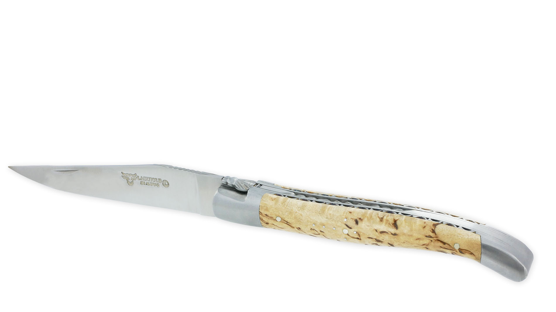 Couteau Laguiole en Aubrac 1 pièce Manche en Bouleau 12cm Double Platines et Ressort Guillochés à la main 2 Mitres Inox Brossé Mouche Forgée Ciselée – Image 2