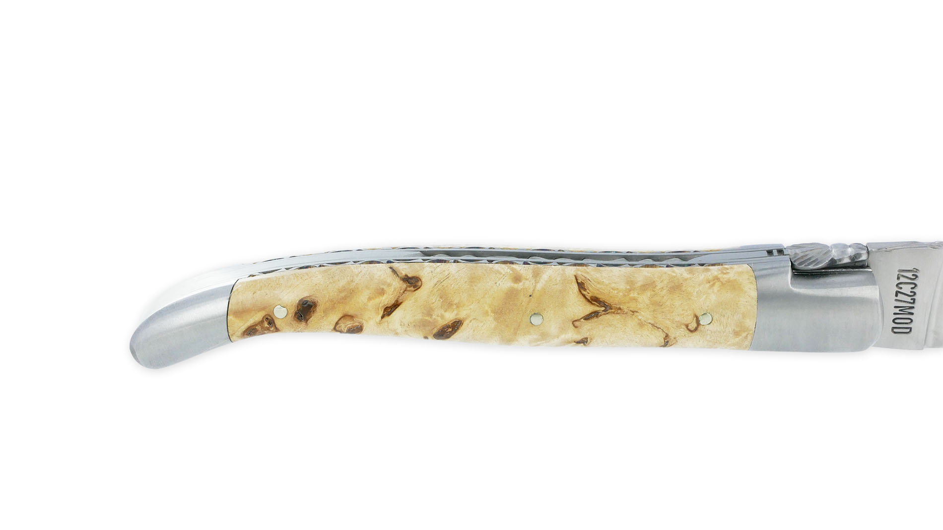 Couteau Laguiole en Aubrac 1 pièce Manche en Bouleau 12cm Double Platines et Ressort Guillochés à la main 2 Mitres Inox Brossé Mouche Forgée Ciselée – Image 4