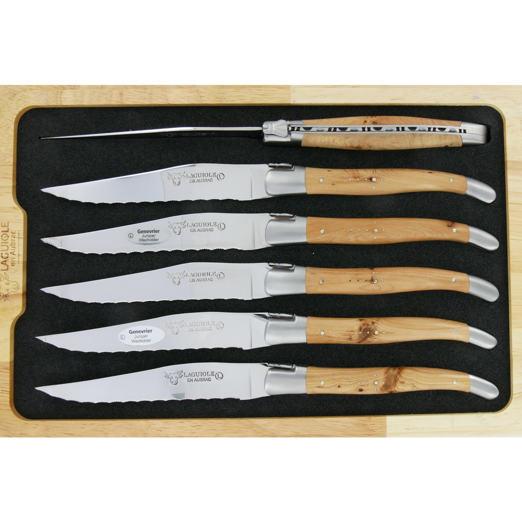Couteaux de table Laguiole en Aubrac Dentés Steak Manches en Genévrier (Set de 6)