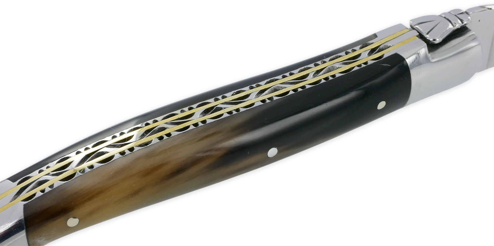 Couteaux de table Prestige Laguiole en Aubrac Double Platine Inox et Laiton Guillochées main Manche Pointe de corne (Set de 6) – Image 9