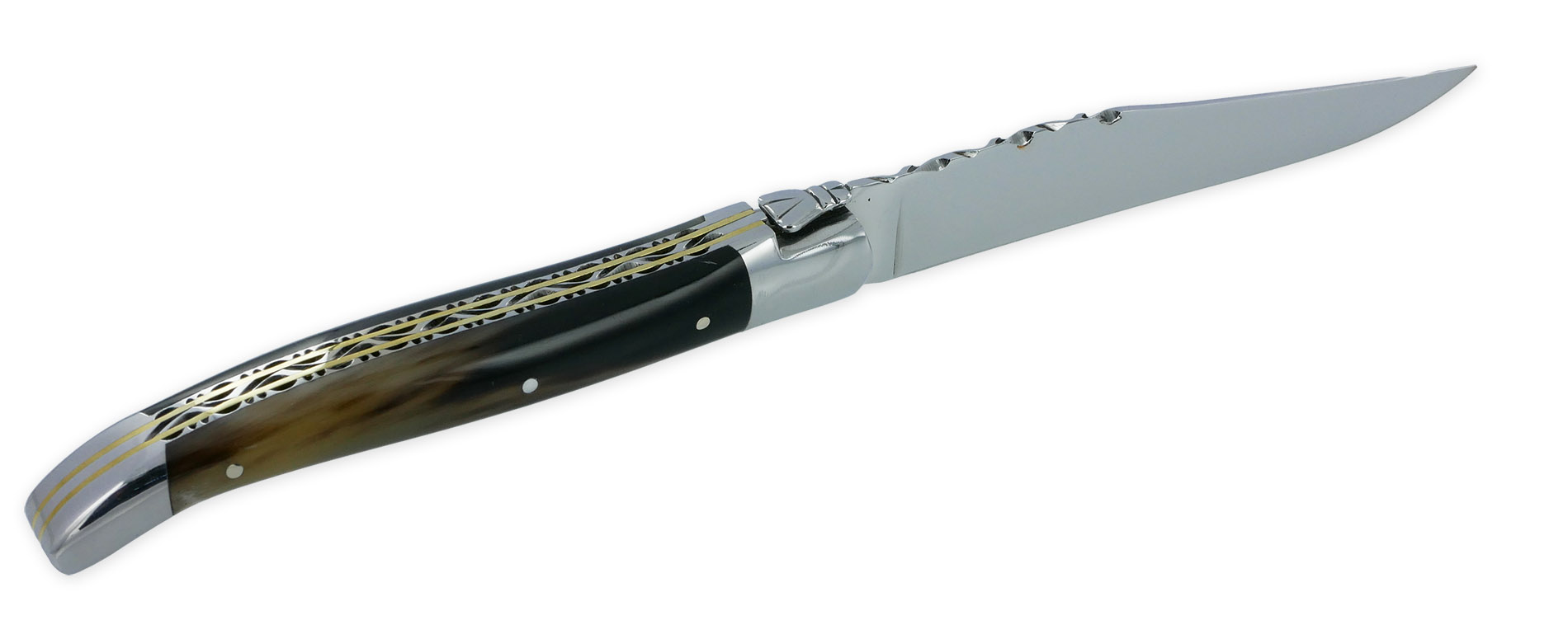 Couteaux de table Prestige Laguiole en Aubrac Double Platine Inox et Laiton Guillochées main Manche Pointe de corne (Set de 6) – Image 6