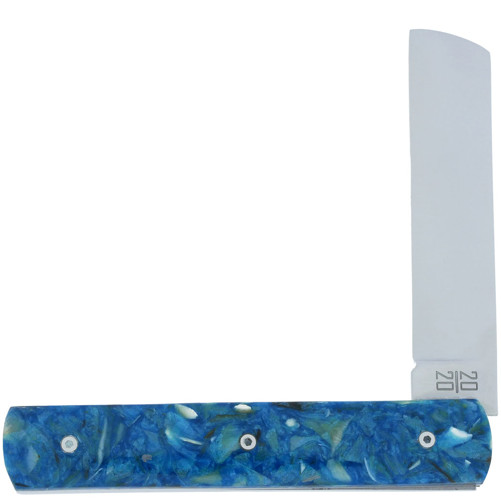 Le 20/20 Couteau Pliant 11cm Corne nacrée bleue Plein Manche Ressort Lisse Personnalisable Finition Brossée