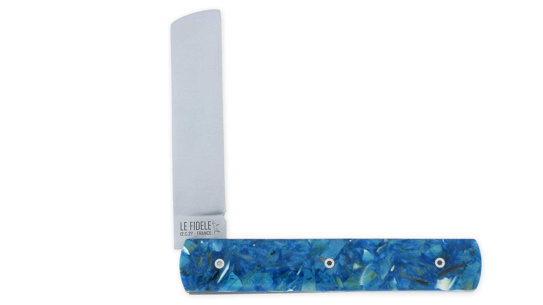Le 20/20 Couteau Pliant 11cm Corne nacrée bleue Plein Manche Ressort Lisse Personnalisable Finition Brossée – Image 2