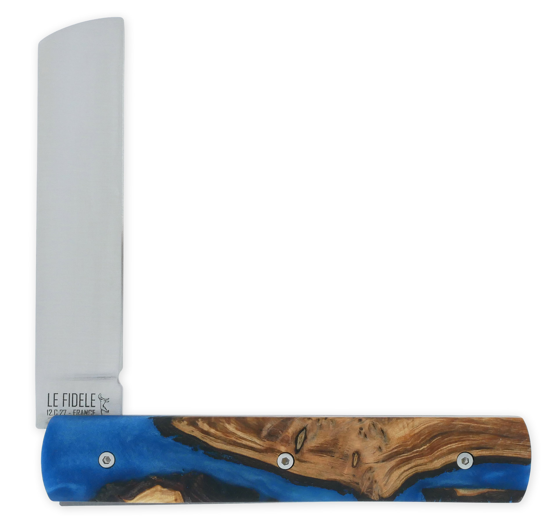 Le 20/20 Couteau Pliant Plein Manche Genévrier Stabilisé Teinté Bleu 11cm Ressort  Lisse Personnalisable Finition Brossée Pièce Unique – Image 2