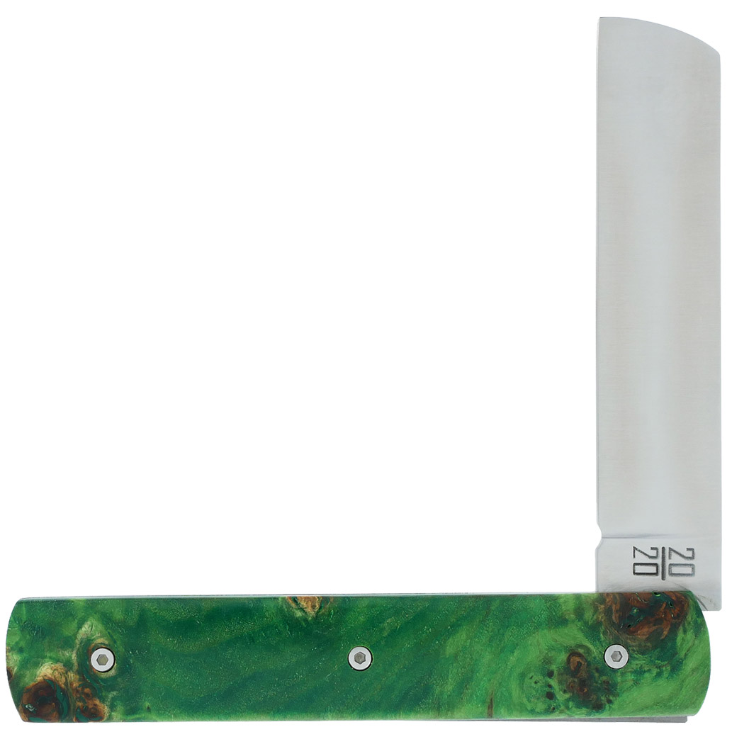 Le 20/20 Couteau Pliant Plein Manche Loupe de Peuplier Stabilisé Teinté Vert 11cm Ressort  Lisse Personnalisable Finition Brossée Pièce Unique