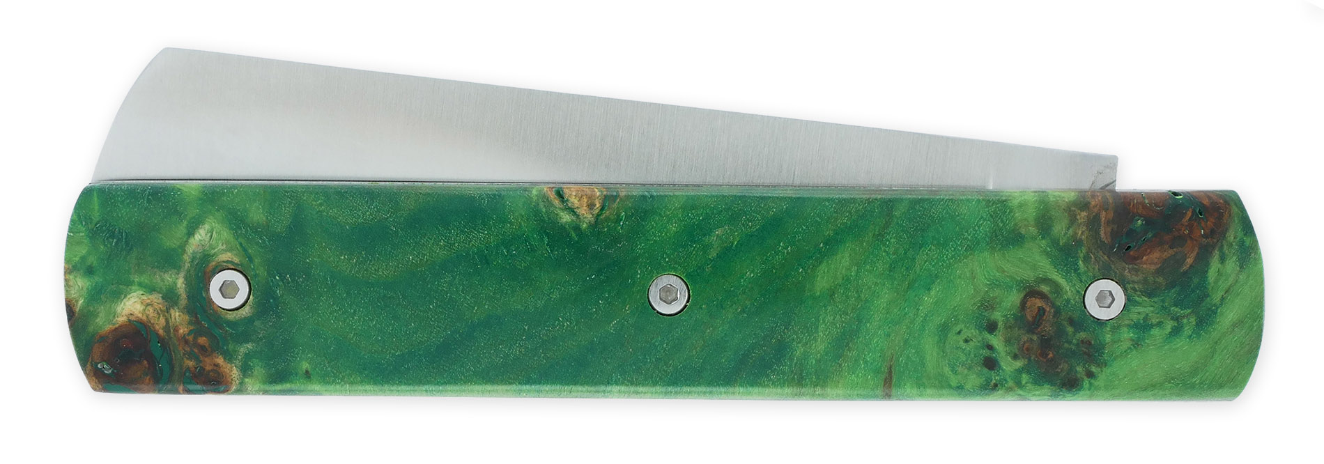 Le 20/20 Couteau Pliant Plein Manche Loupe de Peuplier Stabilisé Teinté Vert 11cm Ressort  Lisse Personnalisable Finition Brossée Pièce Unique – Image 5