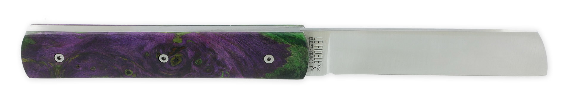 Le 20/20 Couteau Pliant Plein Manche Loupe de Peuplier Stabilisé Teinté Vert et Mauve 11cm Ressort  Lisse Personnalisable Finition Brossée Pièce Unique – Image 5