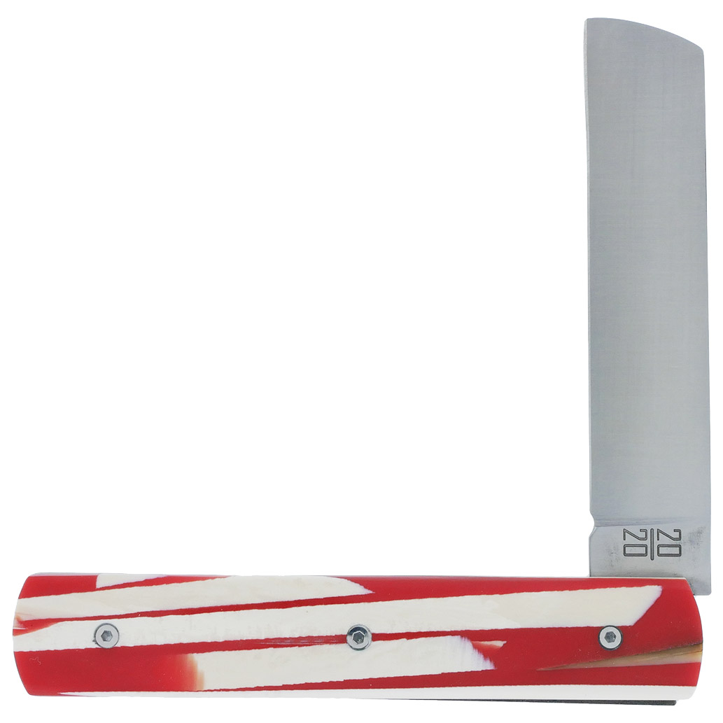 Le 20/20 Couteau Pliant Plein Manche en Eclats de Mammouth et Résine Rouge 11cm Ressort  Lisse Personnalisable Finition Brossée Pièce Unique