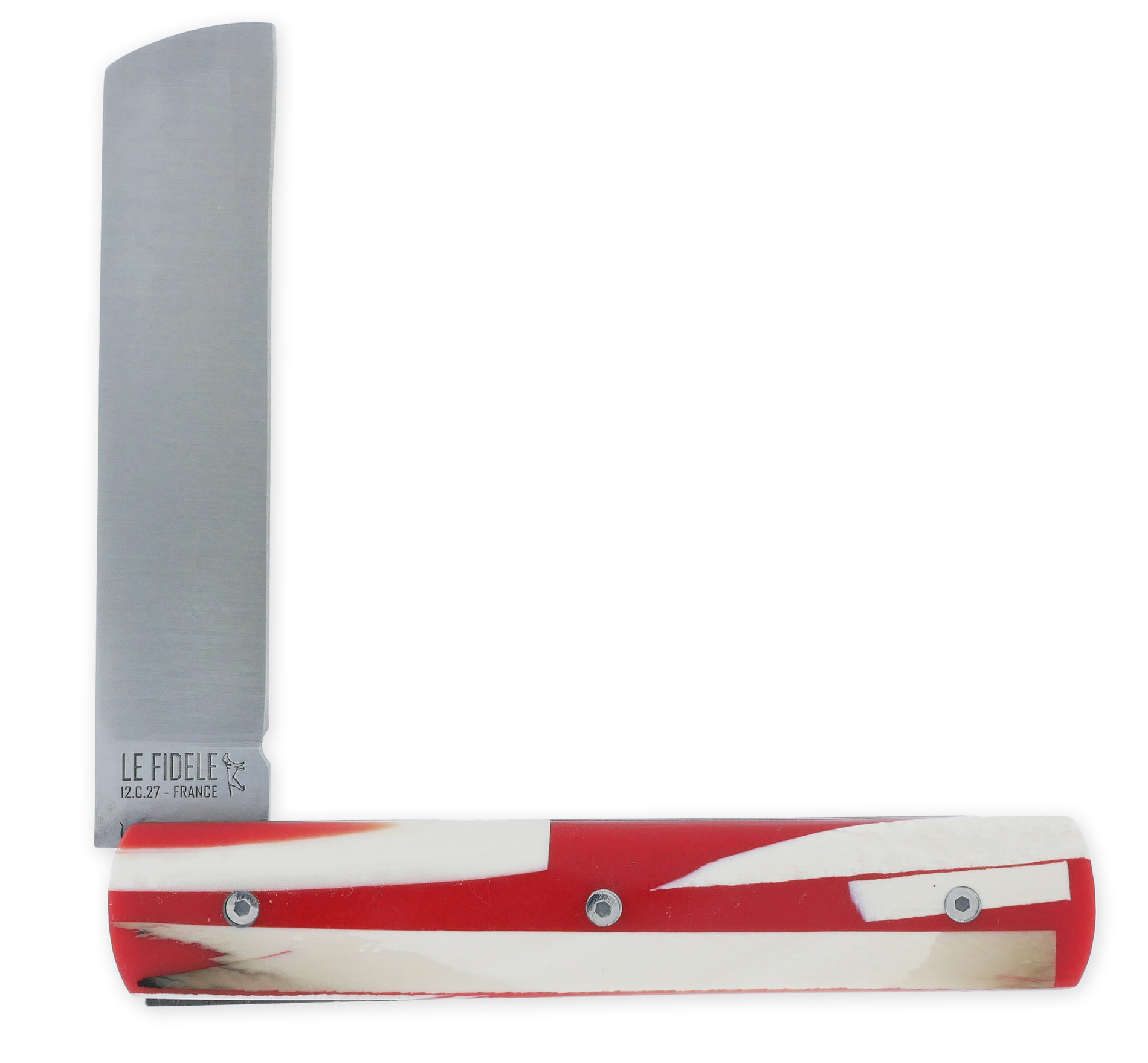 Le 20/20 Couteau Pliant Plein Manche en Eclats de Mammouth et Résine Rouge 11cm Ressort  Lisse Personnalisable Finition Brossée Pièce Unique – Image 2