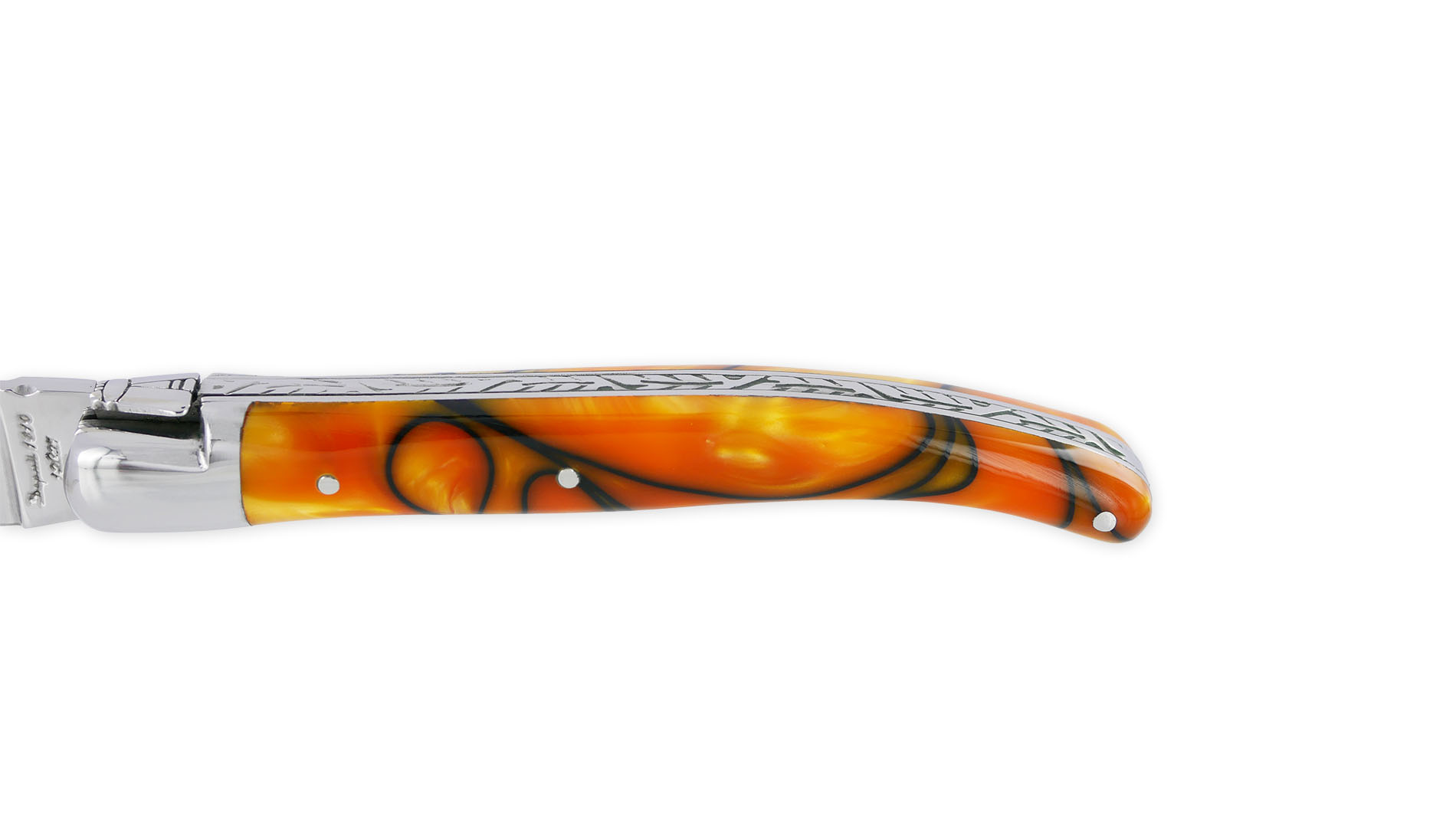 Couteau Laguiole Arbalète Manche en Acrylique Orange Tigré Noir 1 Pièce 1 Mitre en Inox Brillant 11cm – Image 4