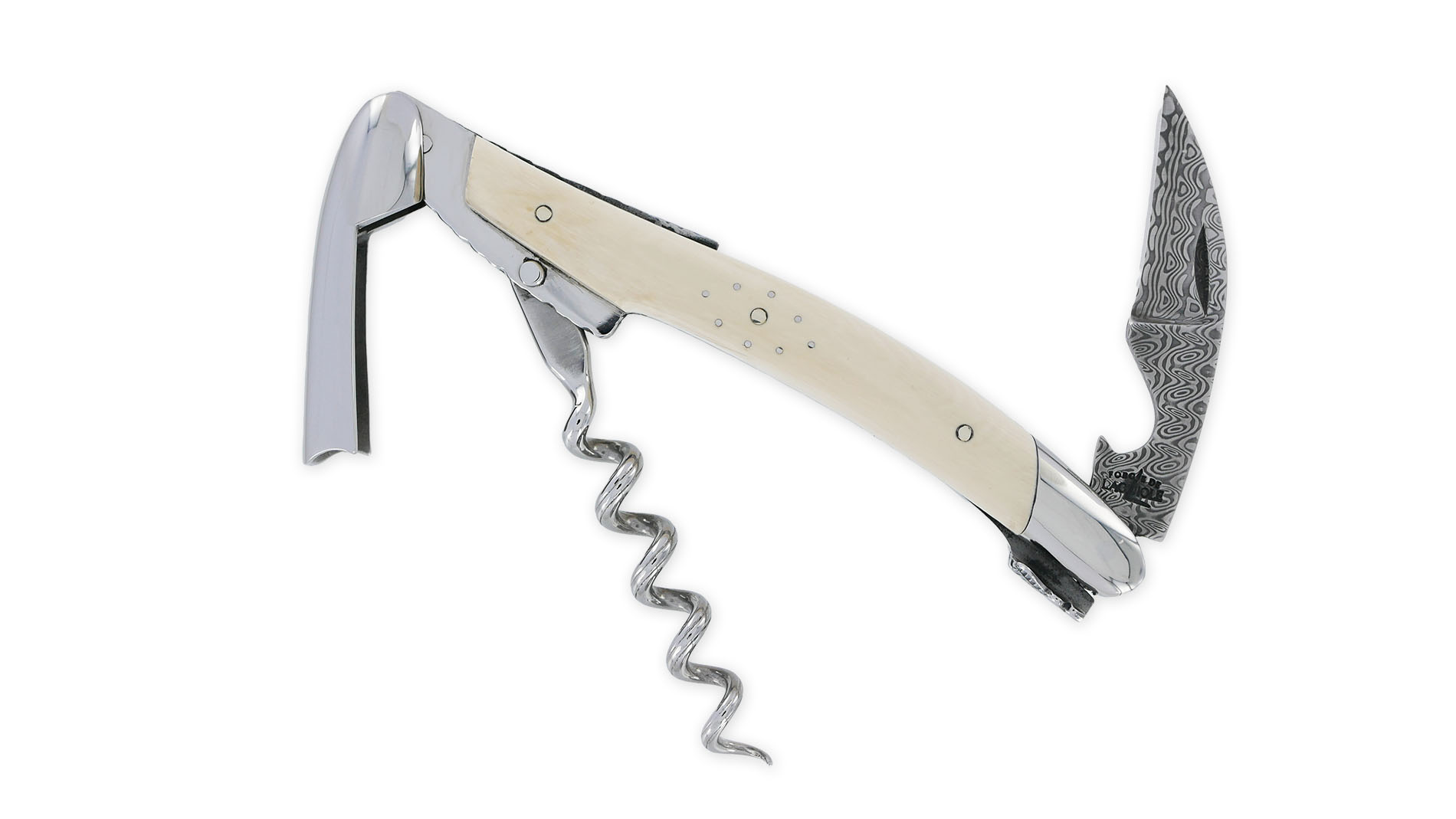 Sommelier Forge de Laguiole Prestige en coeur d’Ivoire de Mammouth Blanc Ressort et Platines Ciselés à la main couteau en Damas Inox Munin Chape Pinot Mouche Prestige – Image 6